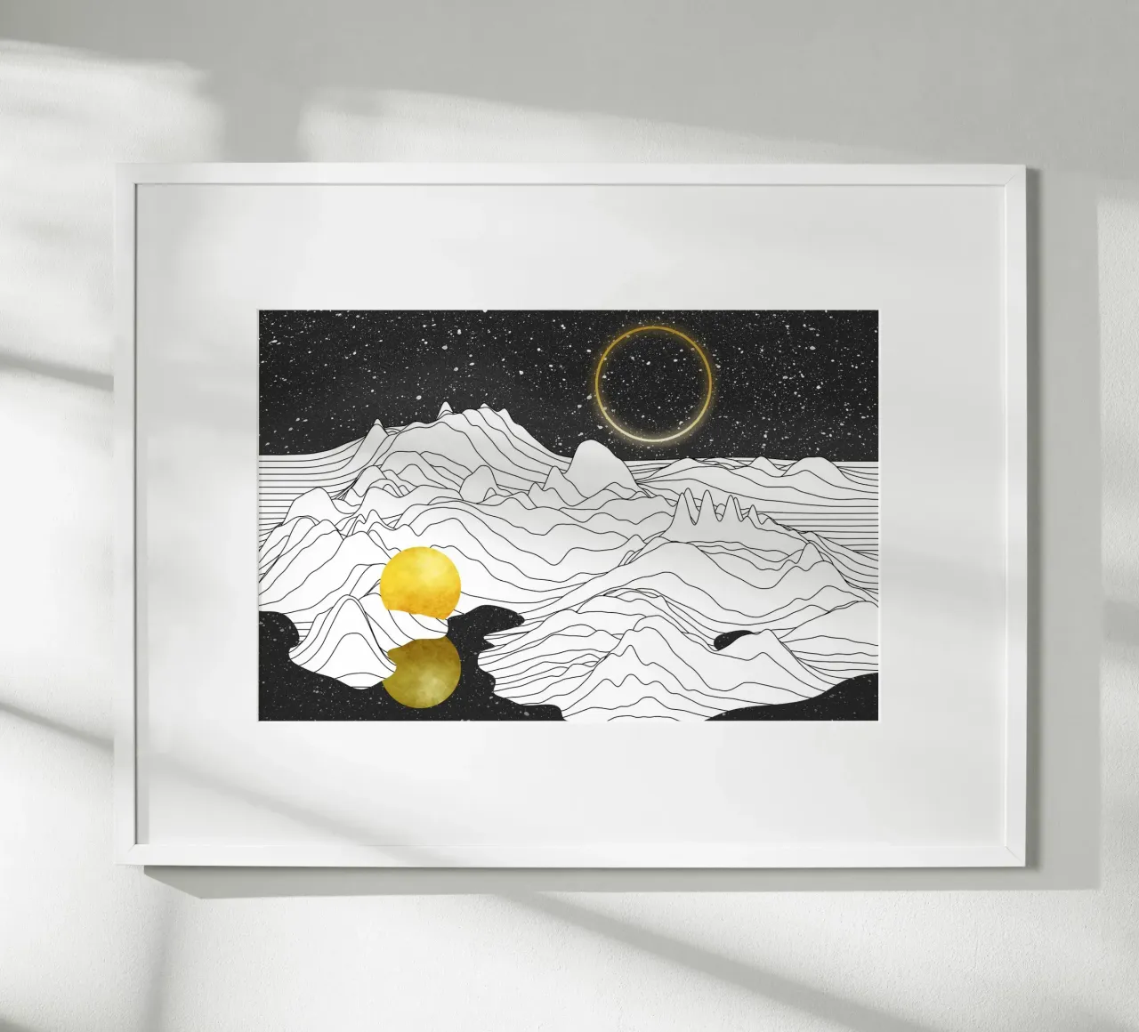 Monochroom Twee Manen poster met houten frame van amini54