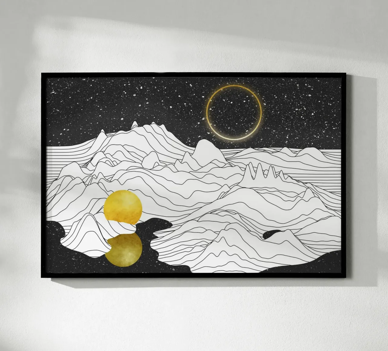 Monochroom Twee Manen poster met houten frame van amini54