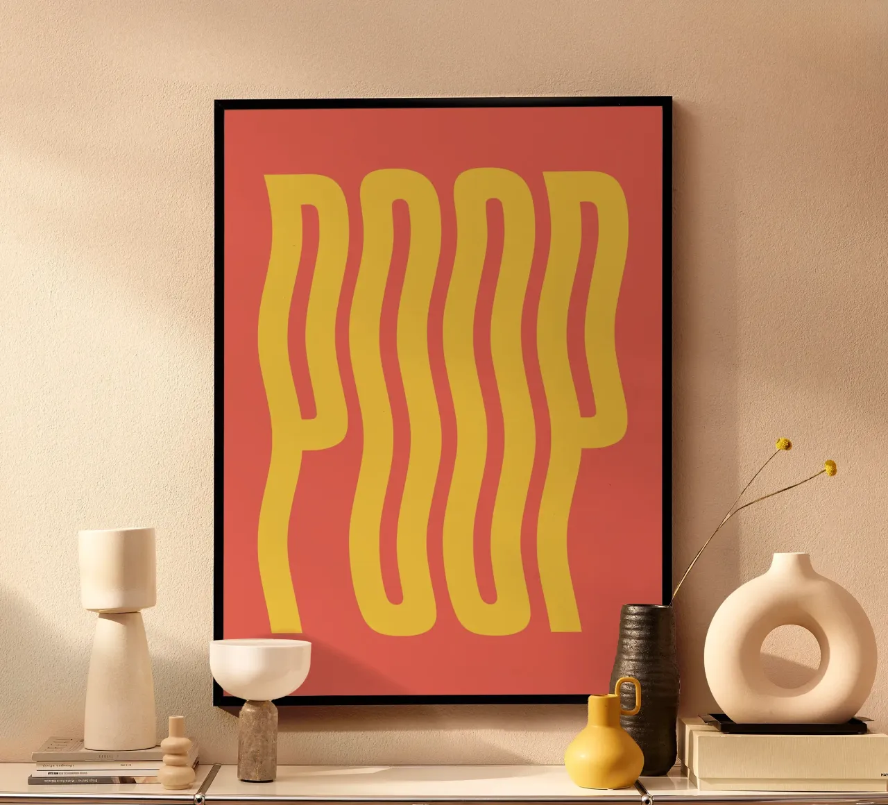 Testo ondulato cacca (tono arancione) poster con telaio in legno da Paigaam Studio