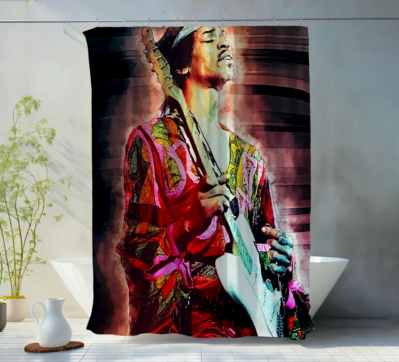 Epic of Jimi Hendrix shower curtain by neonartroom