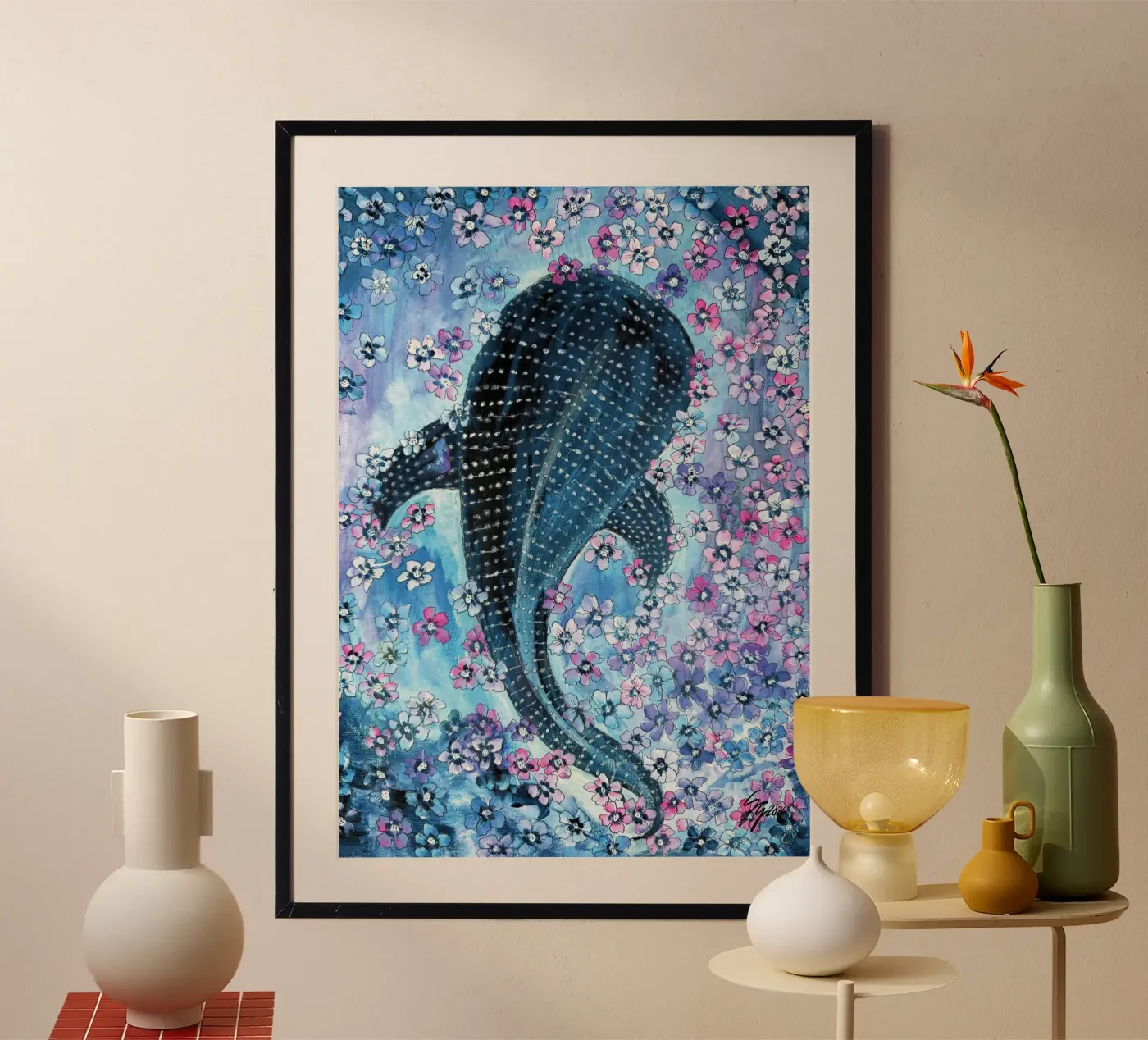 Wal im Blütenmeer Poster mit Holzrahmen von Stefanie Guckau