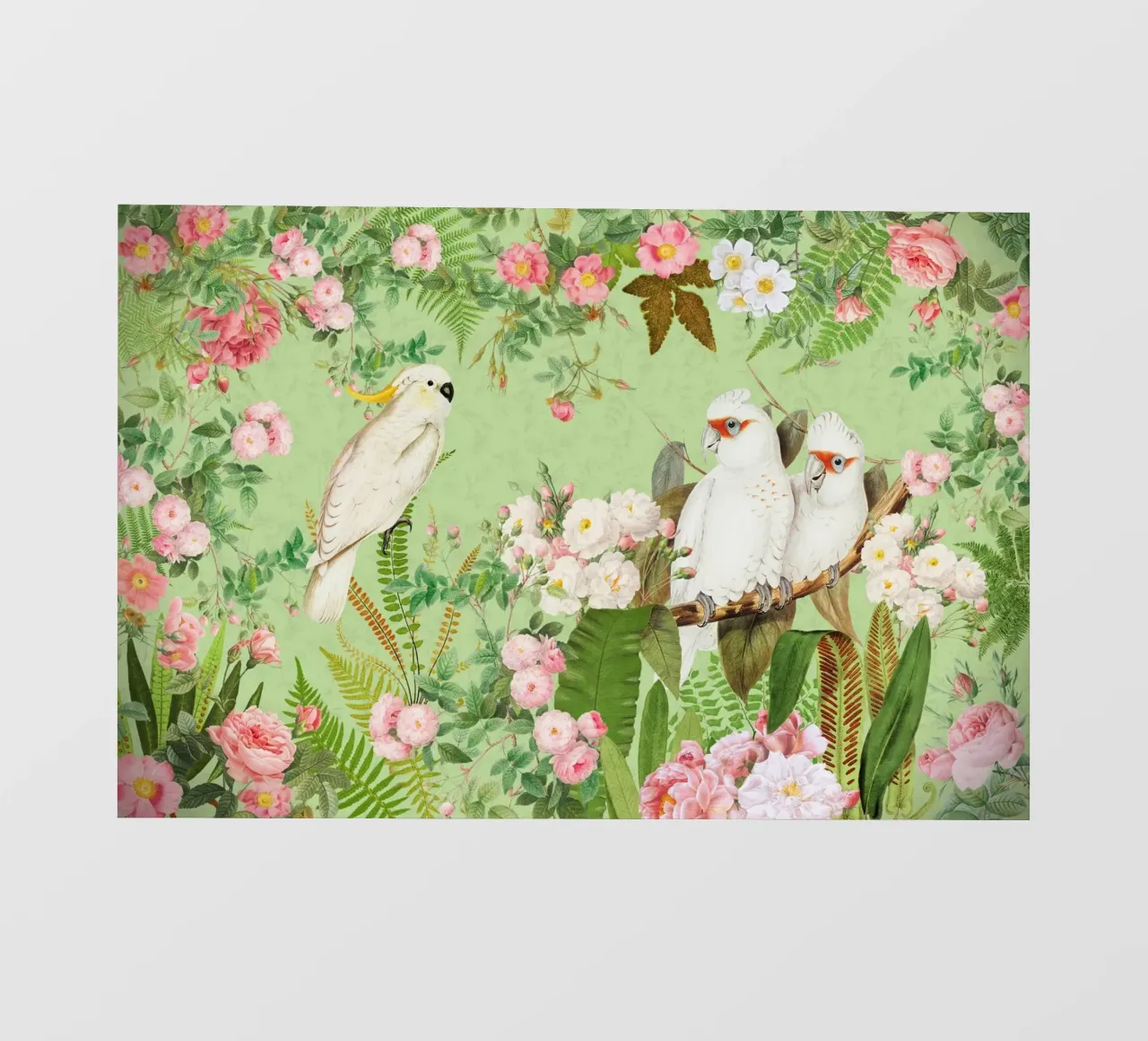 Cacatua esotici d'epoca in una splendida giungla di rose telo in pvc da Vintage World - Uta Naumann