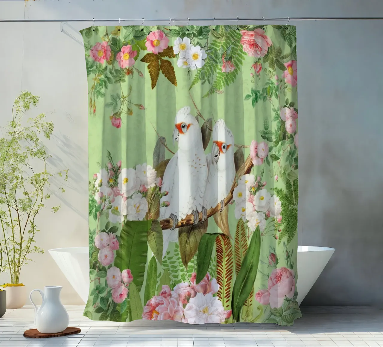 Cacatua esotici d'epoca in una splendida giungla di rose tenda da doccia da Vintage World - Uta Naumann