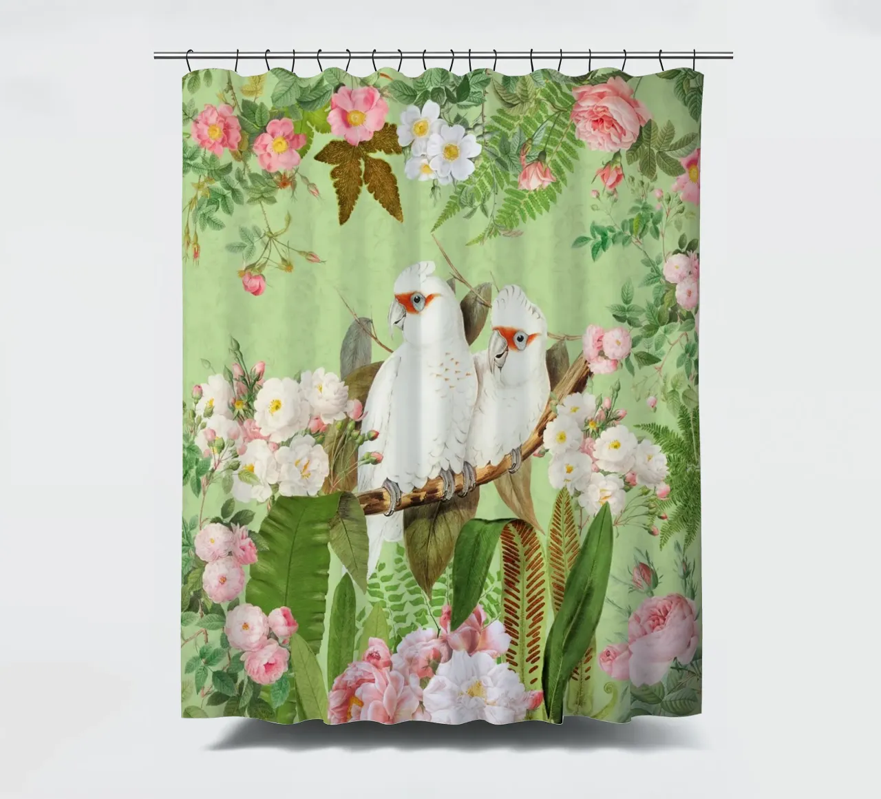 Cacatua esotici d'epoca in una splendida giungla di rose tenda da doccia da Vintage World - Uta Naumann