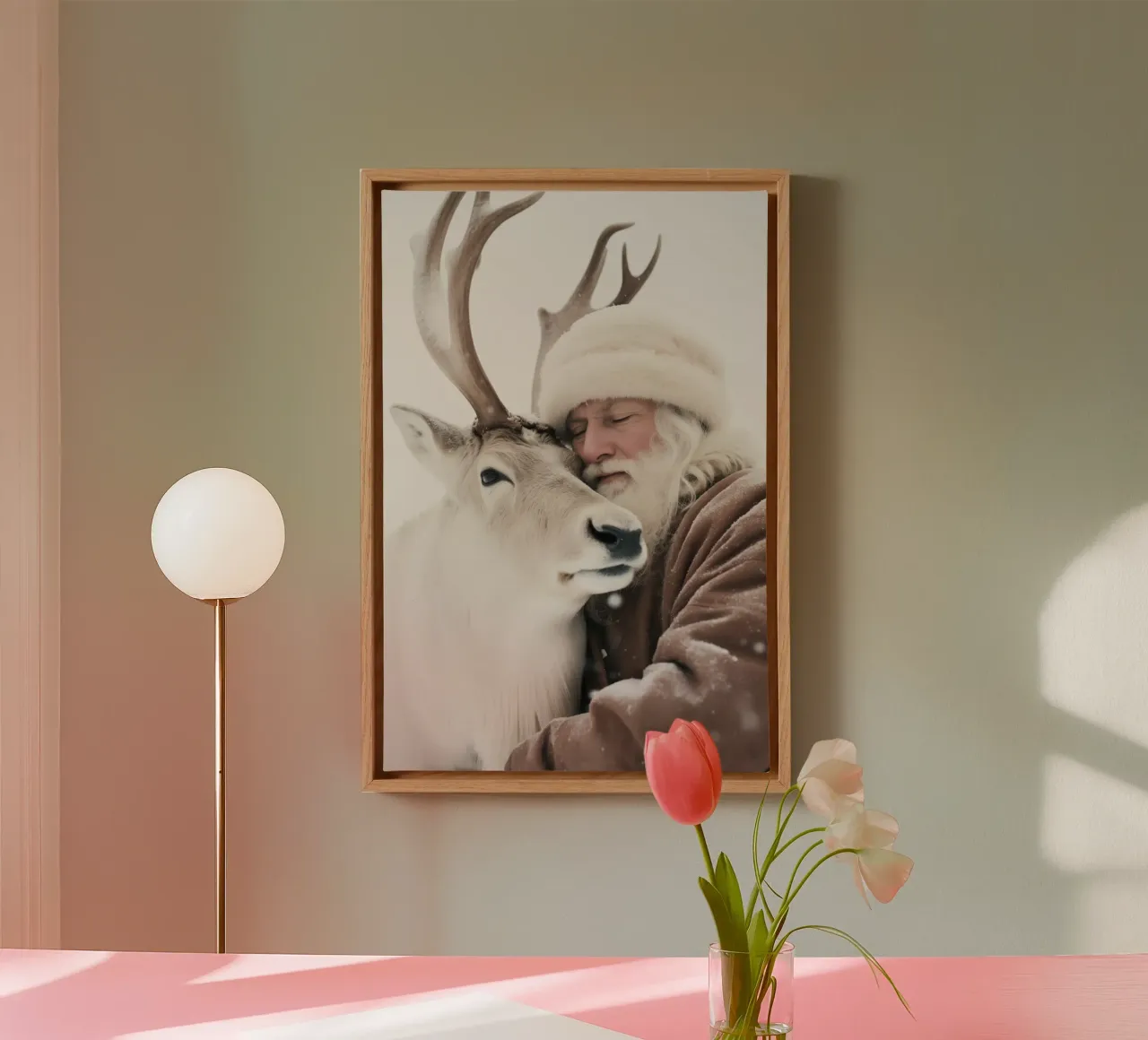 Santa And Deer canvas met Baklijst van treechild