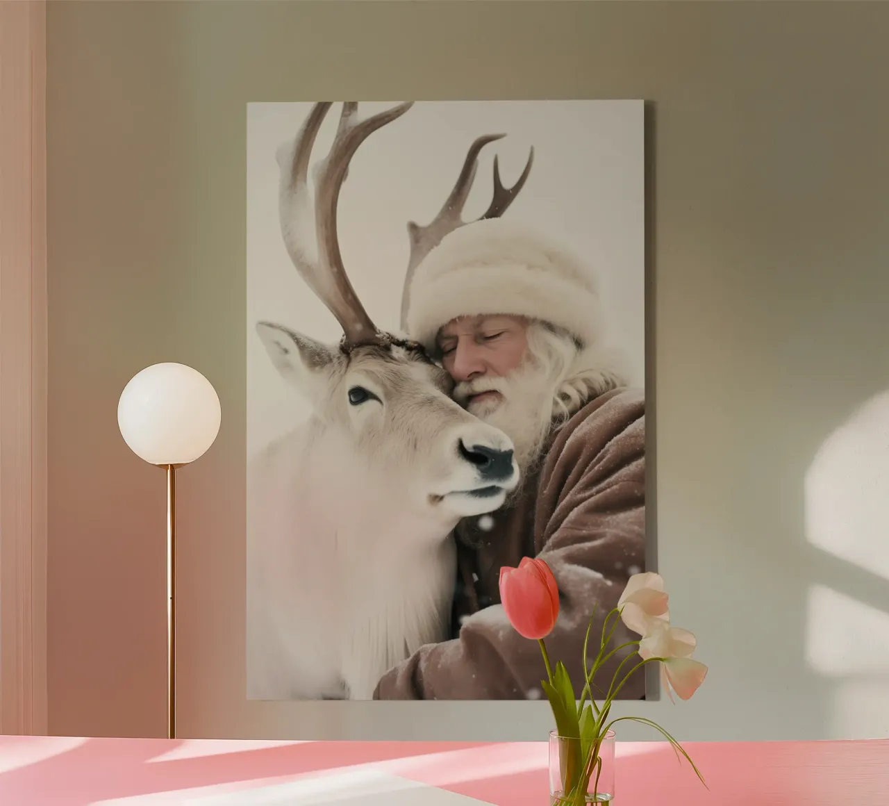 Santa And Deer canvas met Baklijst van treechild