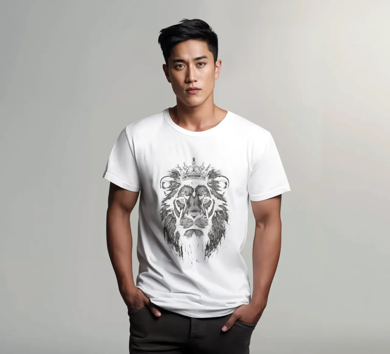 Leeuwenkoning met kroon op zwart t-shirt van Autofocus