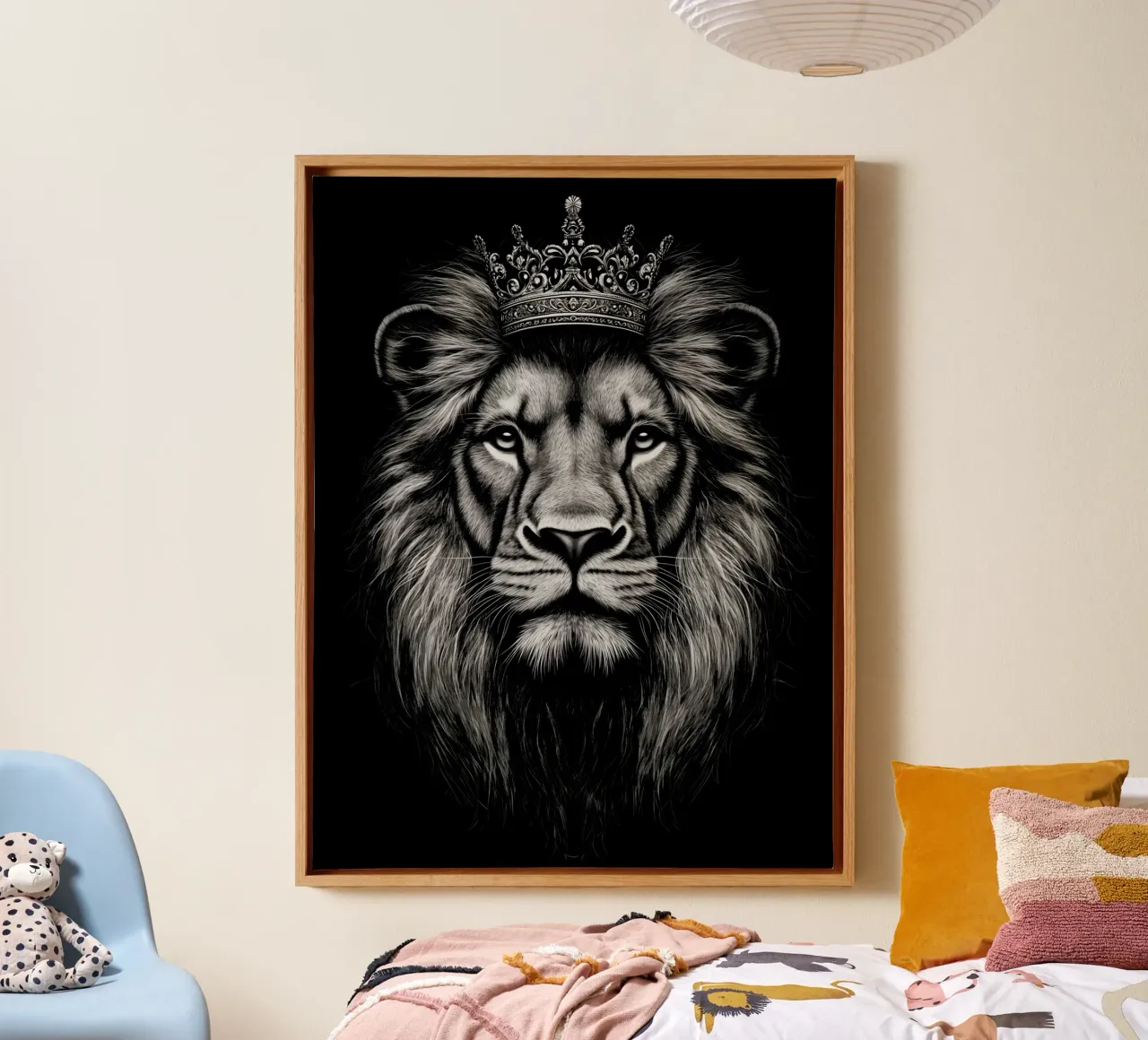 Leeuwenkoning met kroon op zwart canvas van Autofocus