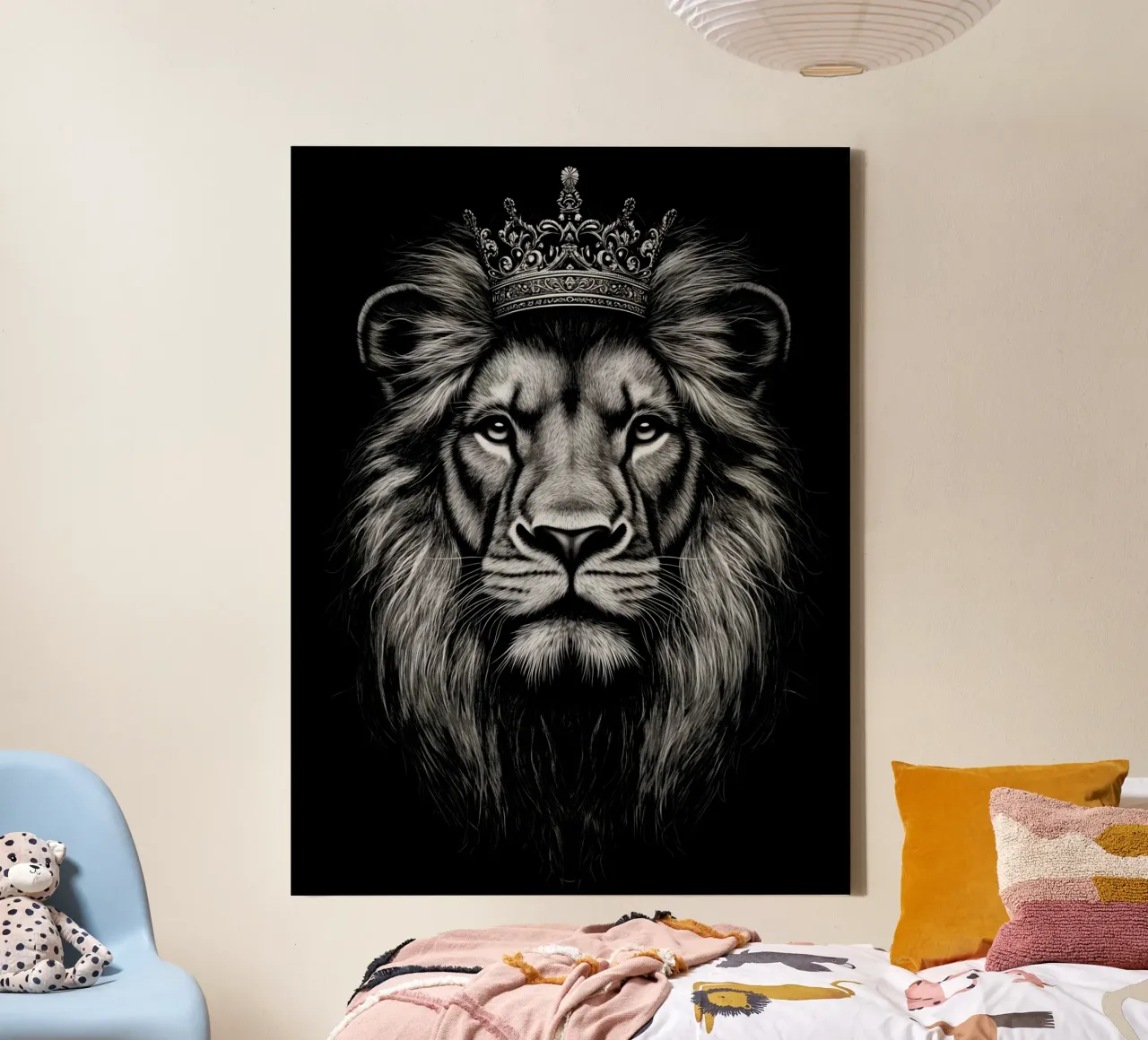 Leeuwenkoning met kroon op zwart canvas van Autofocus