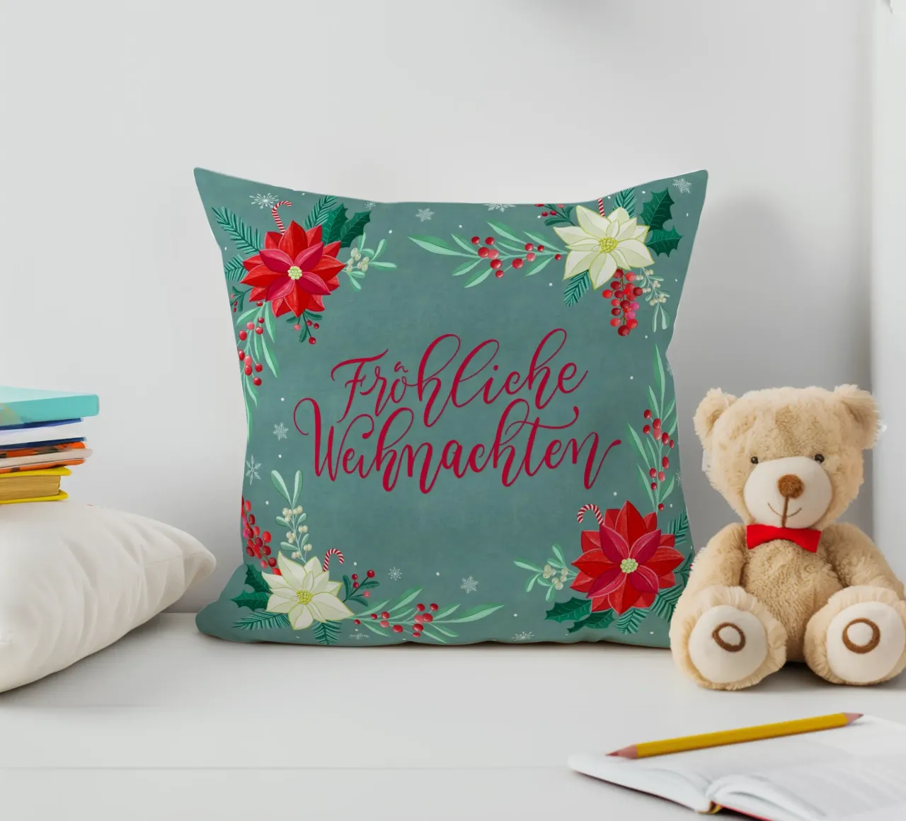 Joyeux Noël, étoiles d'hiver, branches de sapin, calligraphie coussin de CalliLetters