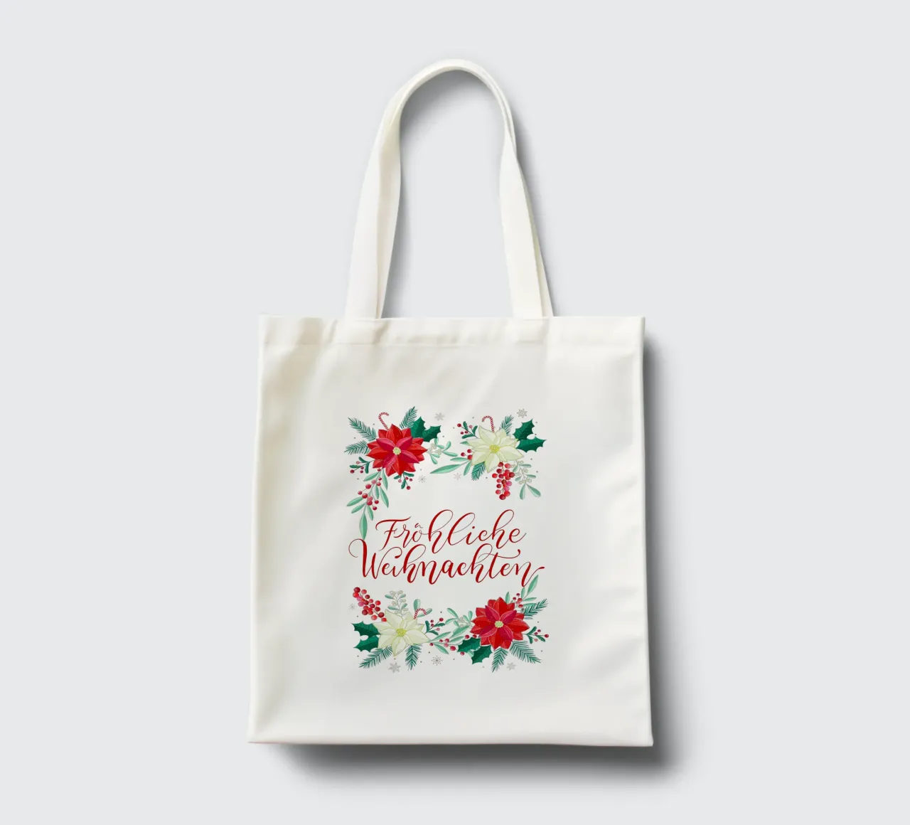 Vrolijk kerstfeest, wintersterren, sparrentakken, kalligrafie jute draagtas van CalliLetters