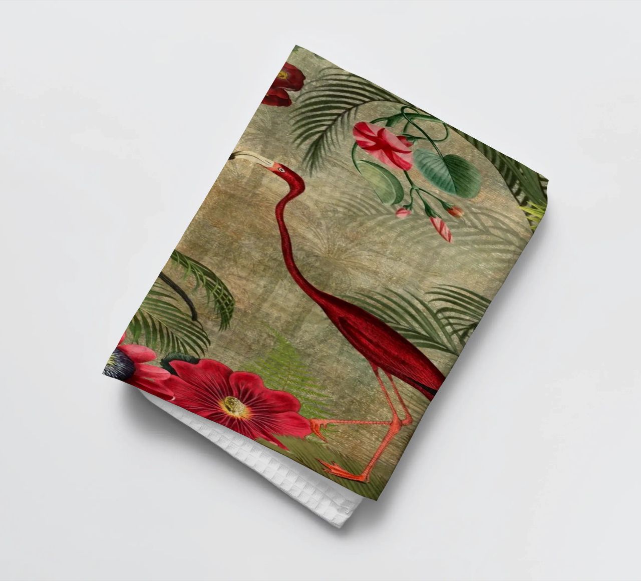 Flamants rouges vintage dans un paysage de jungle tropicale torchon de Vintage World - Uta Naumann