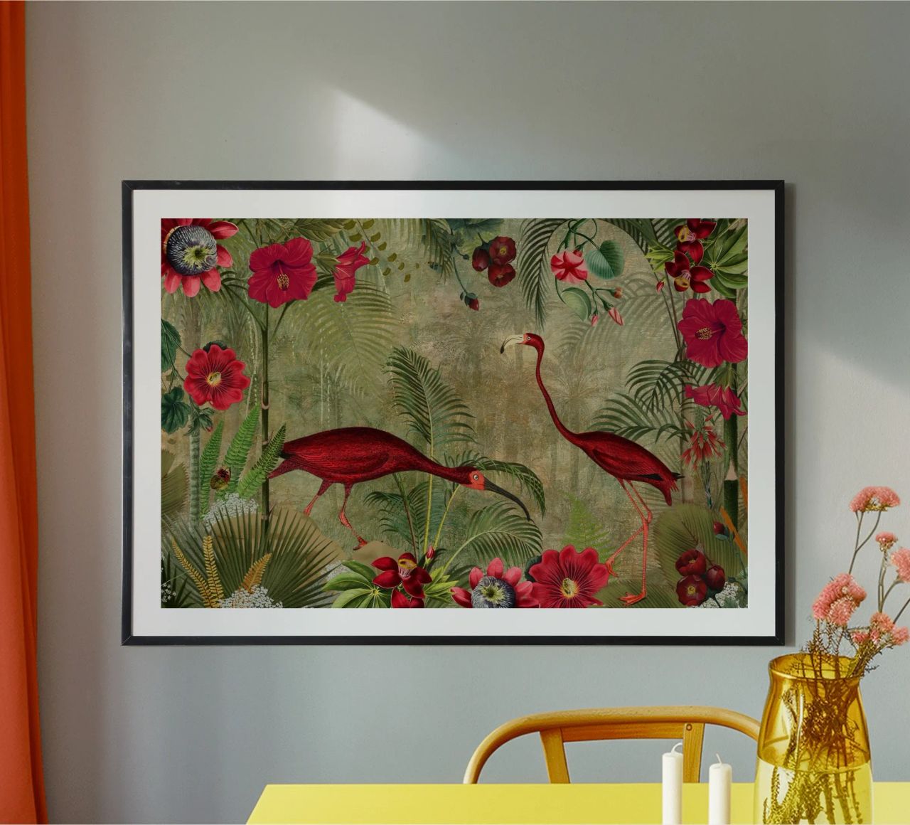 Flamants rouges vintage dans un paysage de jungle tropicale poster de Vintage World - Uta Naumann