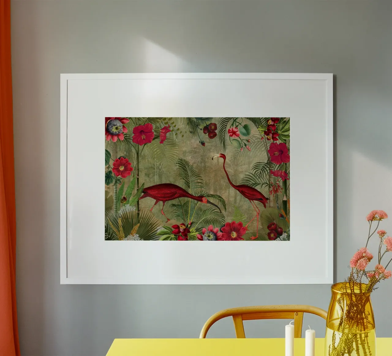 Fenicotteri rossi d'epoca in un paesaggio di giungla tropicale poster con telaio in alluminio da Vintage World - Uta Naumann