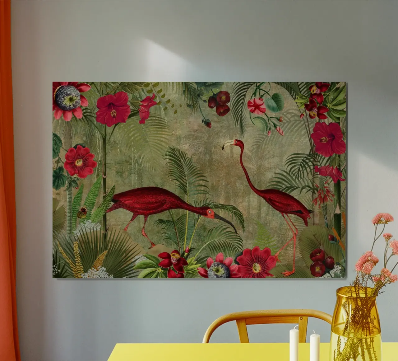 Fenicotteri rossi d'epoca in un paesaggio di giungla tropicale poster con telaio in alluminio da Vintage World - Uta Naumann