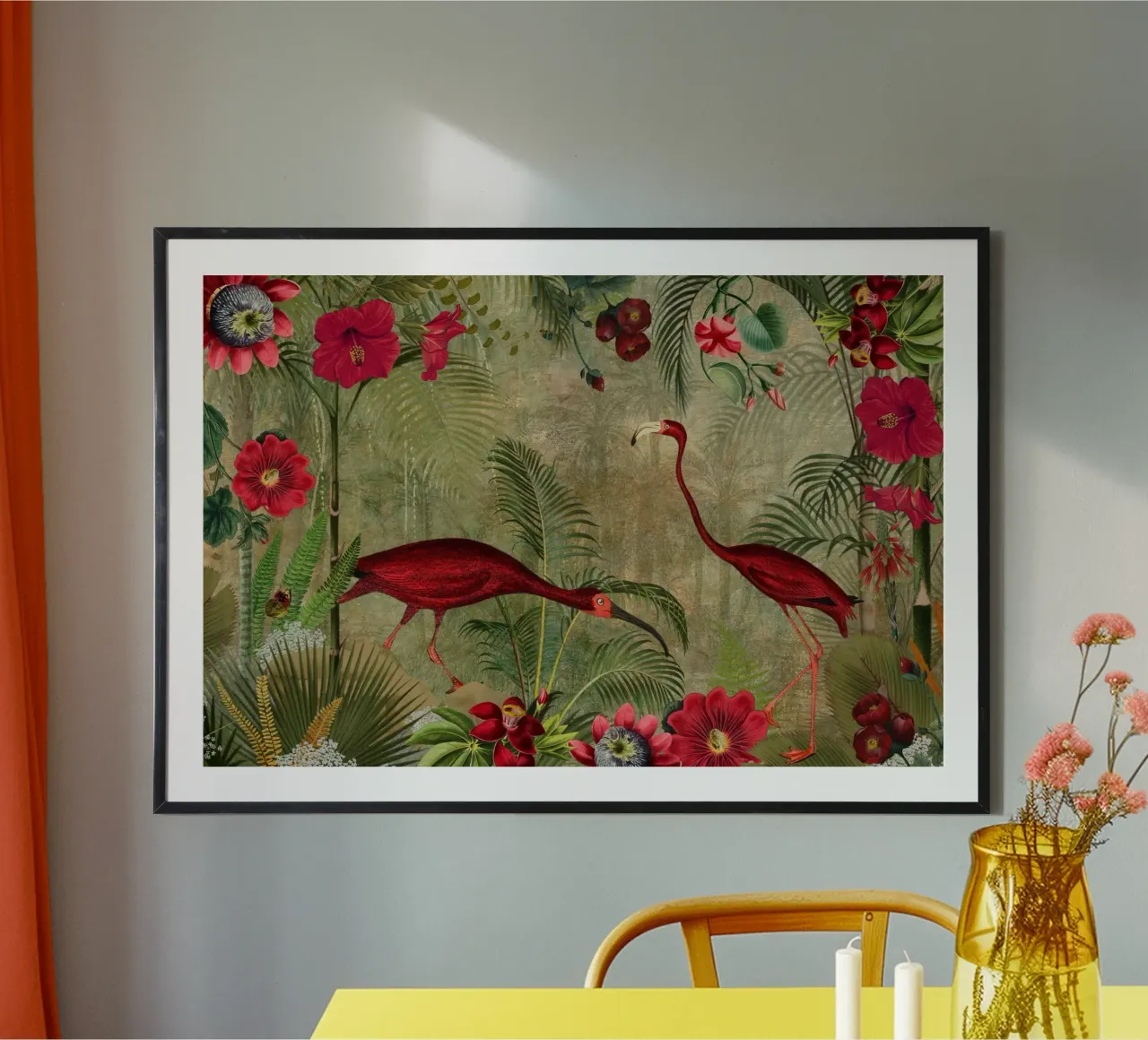 Fenicotteri rossi d'epoca in un paesaggio di giungla tropicale poster con telaio in alluminio da Vintage World - Uta Naumann