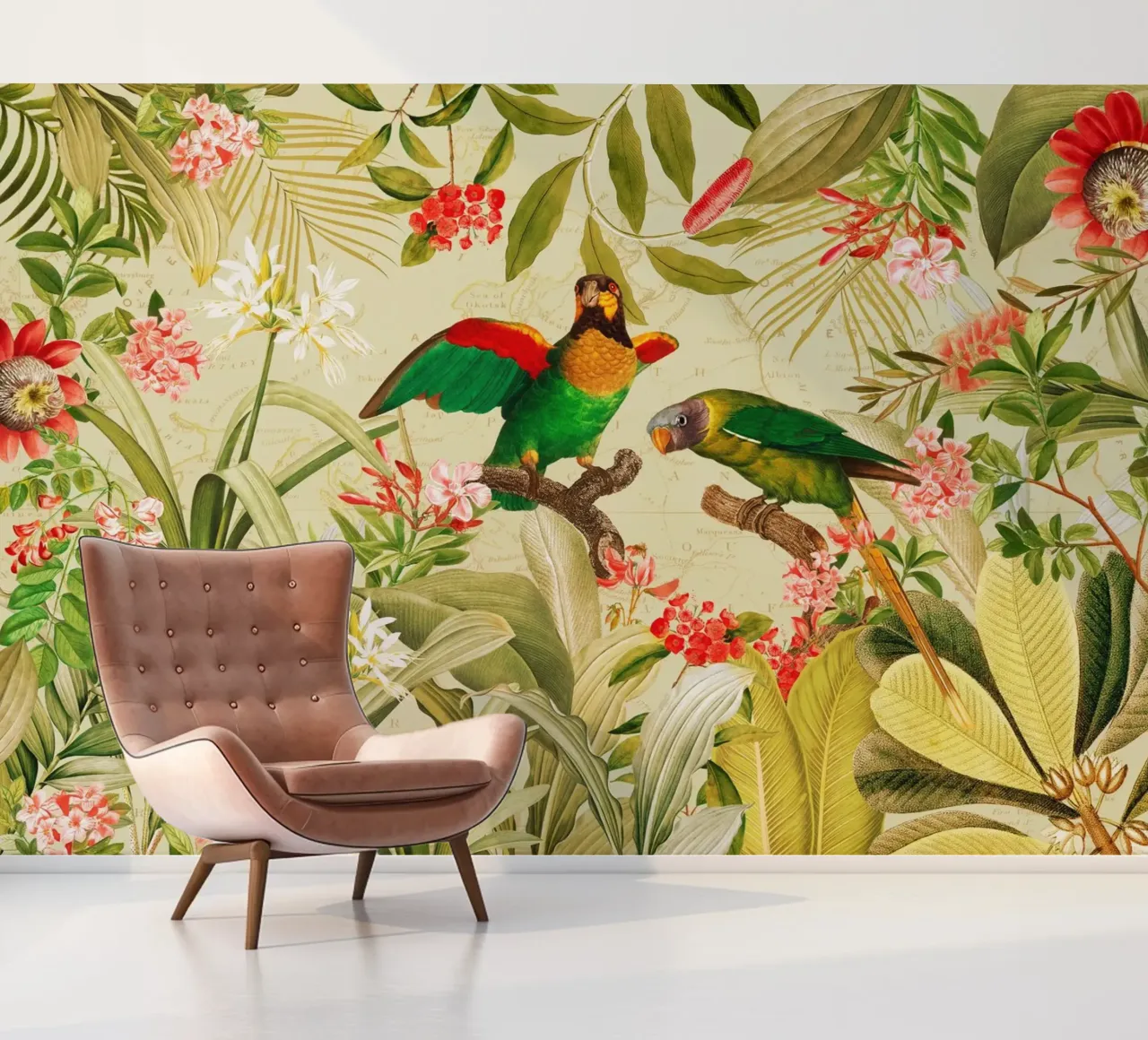 Colorful Nostalgic Exotic Parrots In a Tropical Jungle photo wallpaper by Vintage World - Uta Naumann