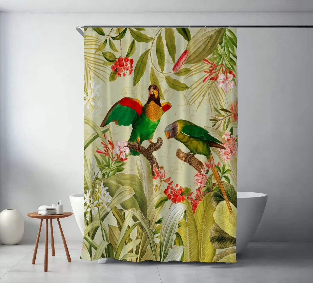 Colorful Nostalgic Exotic Parrots In a Tropical Jungle shower curtain by Vintage World - Uta Naumann