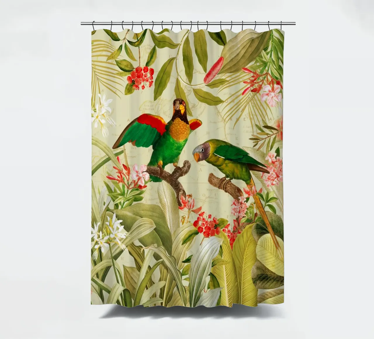 Colorful Nostalgic Exotic Parrots In a Tropical Jungle shower curtain by Vintage World - Uta Naumann
