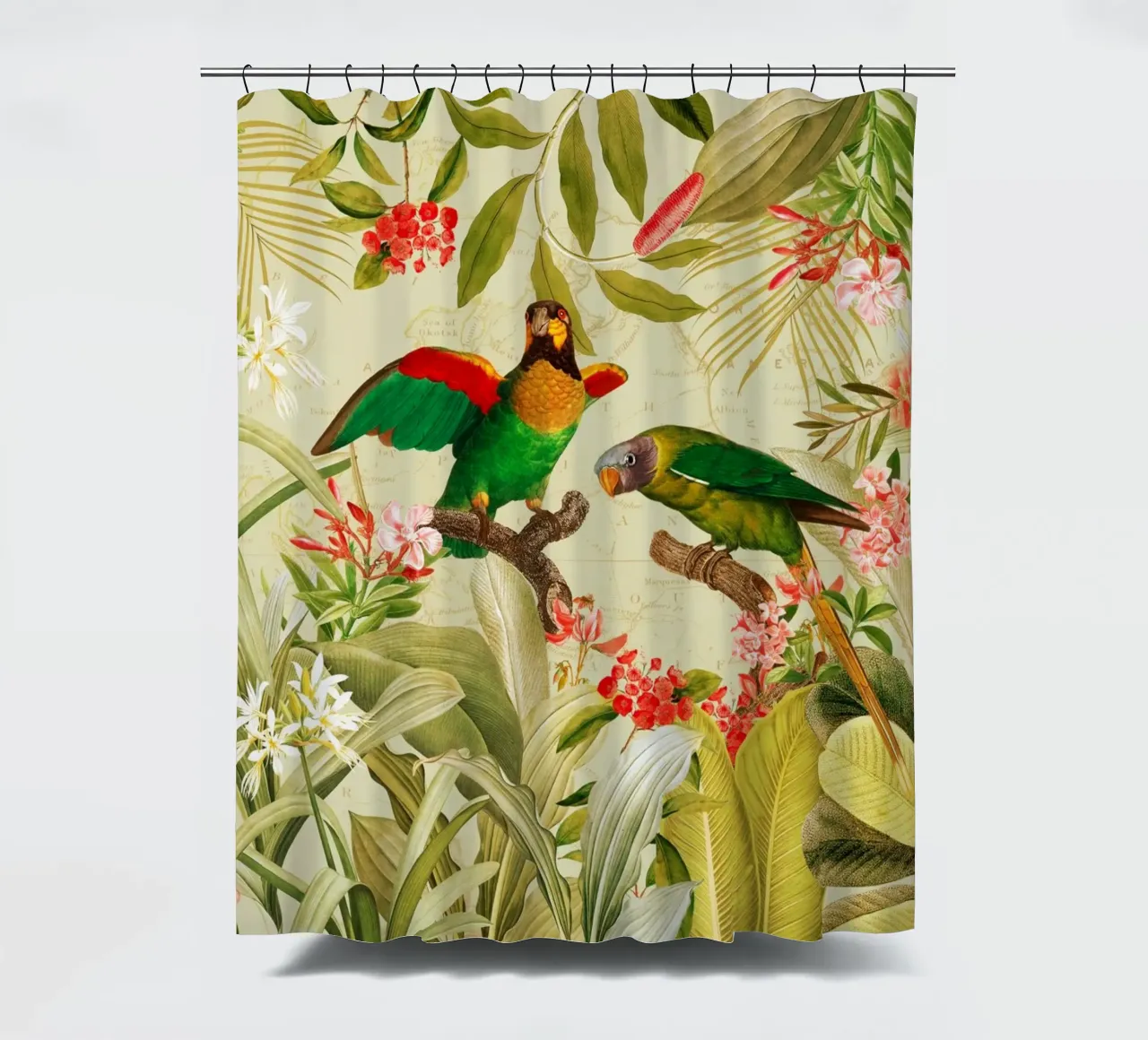 Colorful Nostalgic Exotic Parrots In a Tropical Jungle shower curtain by Vintage World - Uta Naumann