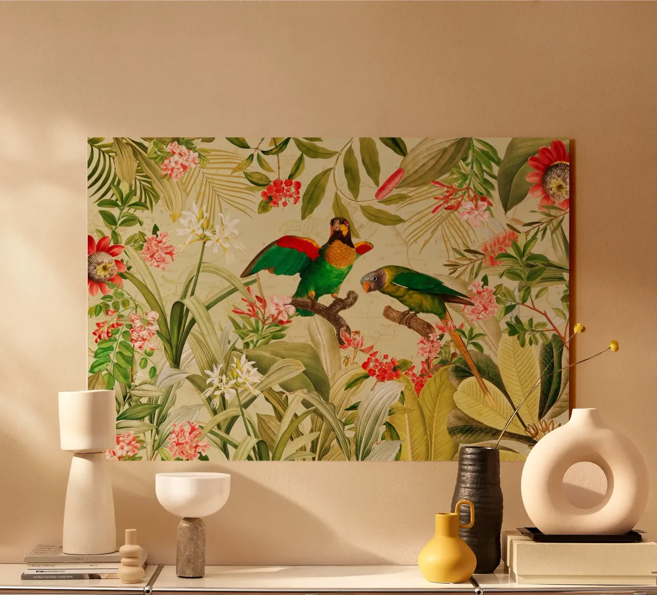 Colorful Nostalgic Exotic Parrots In a Tropical Jungle acrylic glass by Vintage World - Uta Naumann