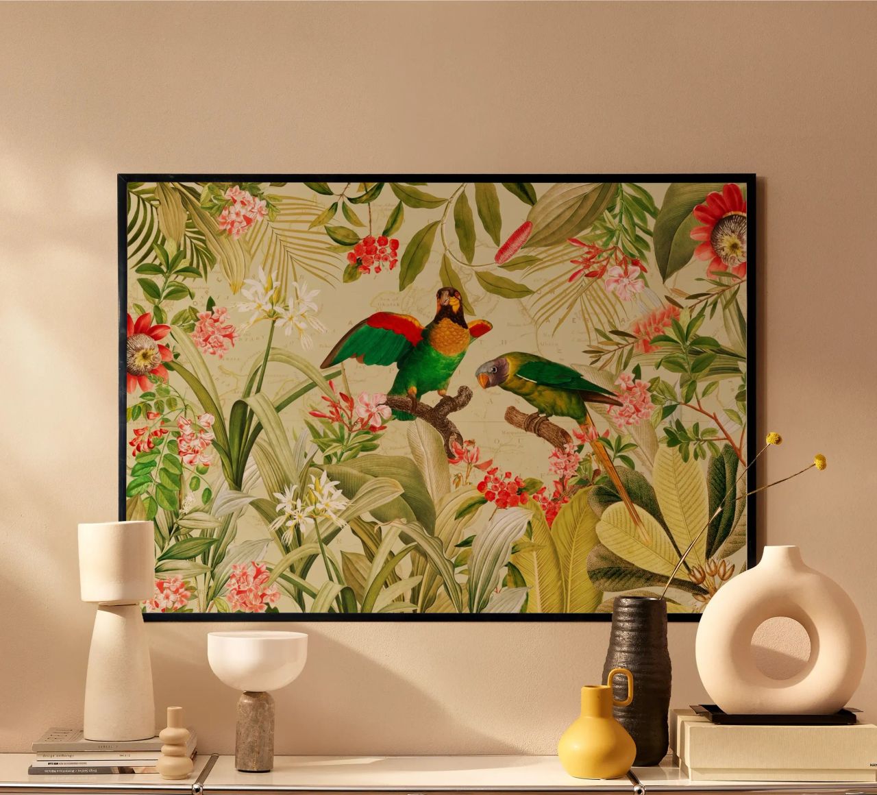 Perroquets exotiques colorés et nostalgiques dans une jungle tropicale poster de Vintage World - Uta Naumann
