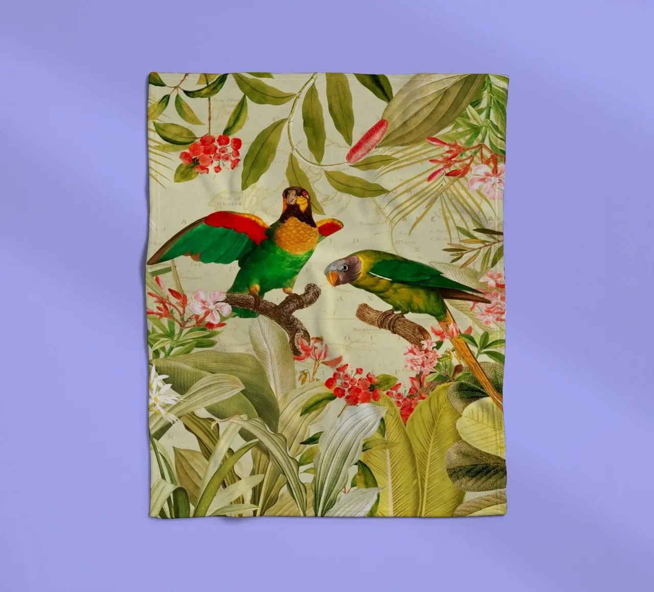 Pappagalli esotici colorati e nostalgici in una giungla tropicale coperta in pile da Vintage World - Uta Naumann