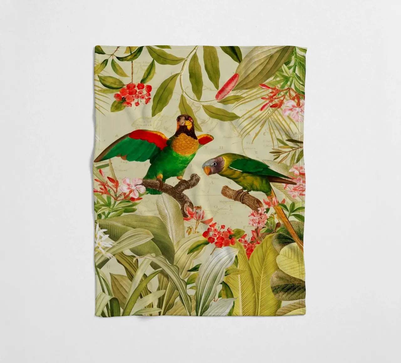 Pappagalli esotici colorati e nostalgici in una giungla tropicale coperta in pile da Vintage World - Uta Naumann