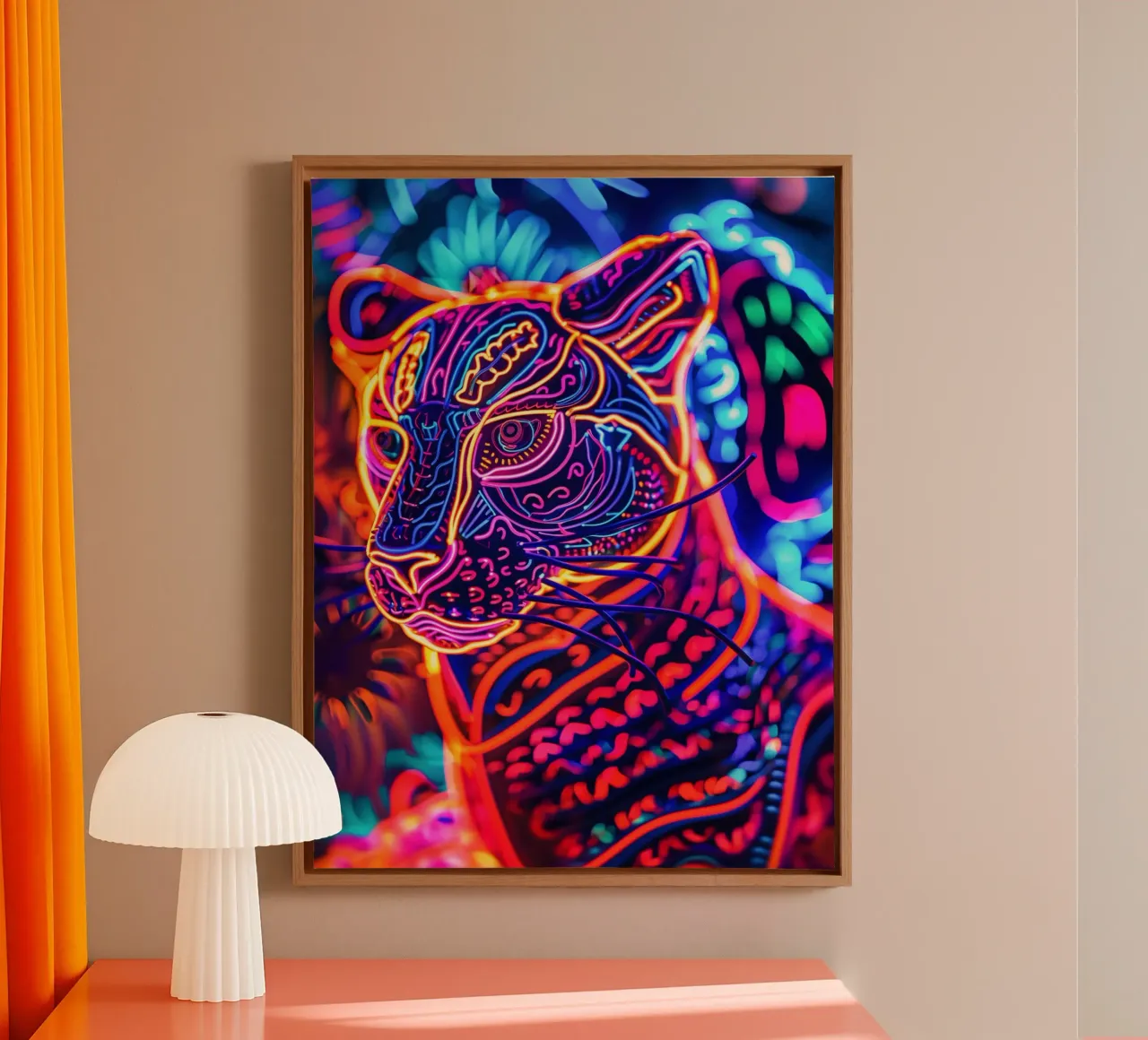 Animale Neon Art Tigre | Poster digitale a luce nera tela con Cornice a cassetta da Autofocus