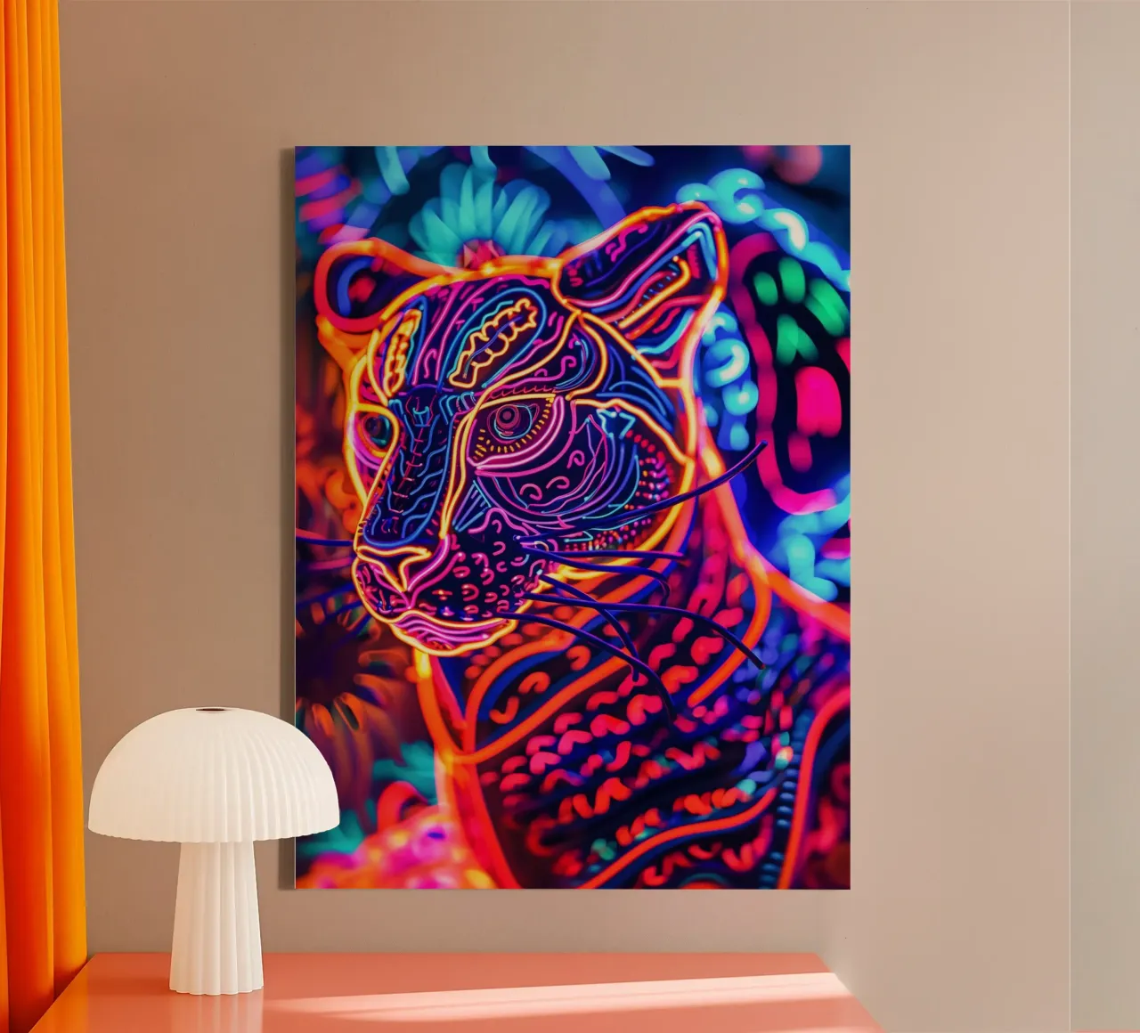 Animale Neon Art Tigre | Poster digitale a luce nera tela con Cornice a cassetta da Autofocus