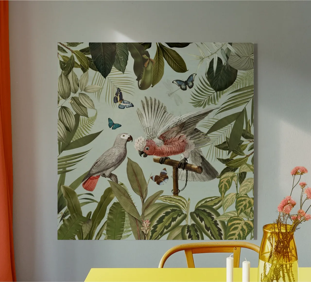 Nostálgicos loros tropicales luchan en un paisaje selvático metacrilato de Vintage World - Uta Naumann