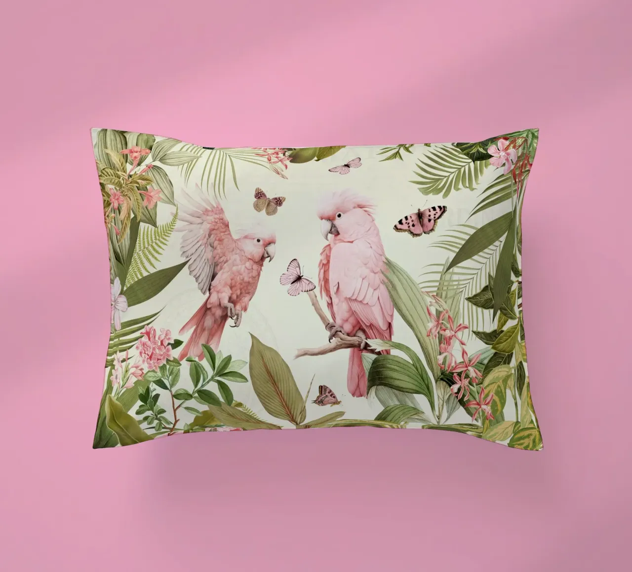 Nostalgici pappagalli rosa danzano in un giardino della giungla tropicale cuscino da Vintage World - Uta Naumann