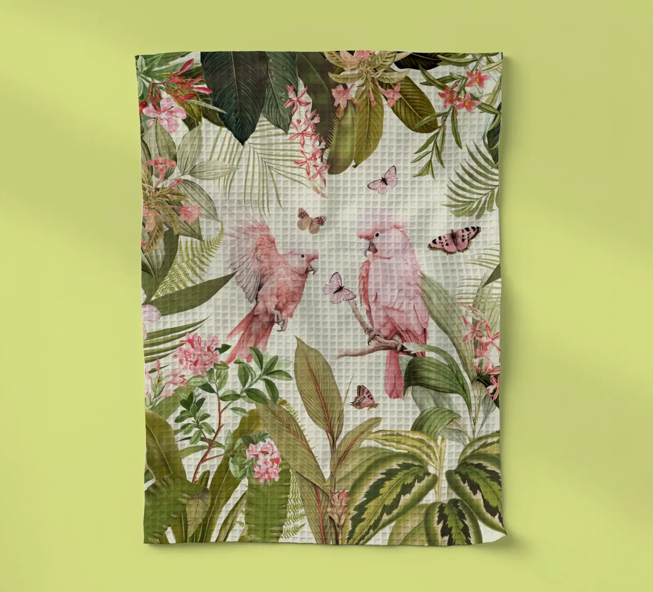 Des perroquets roses nostalgiques dansent dans un jardin de jungle tropicale torchon de Vintage World - Uta Naumann
