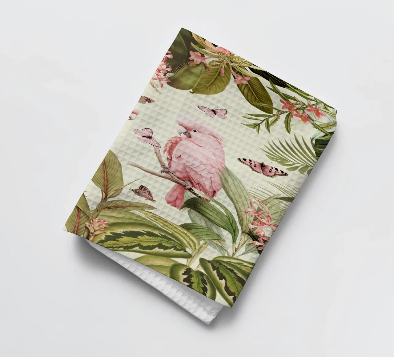 Des perroquets roses nostalgiques dansent dans un jardin de jungle tropicale torchon de Vintage World - Uta Naumann