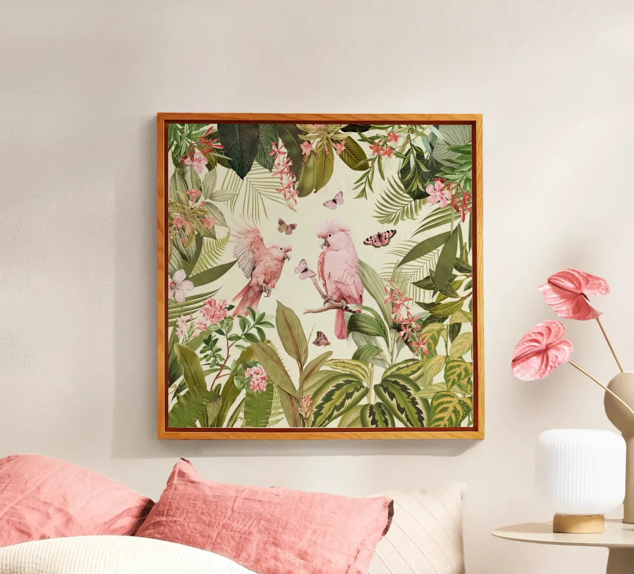 Nostálgicos loros rosas bailan en un jardín selvático tropical metacrilato de Vintage World - Uta Naumann