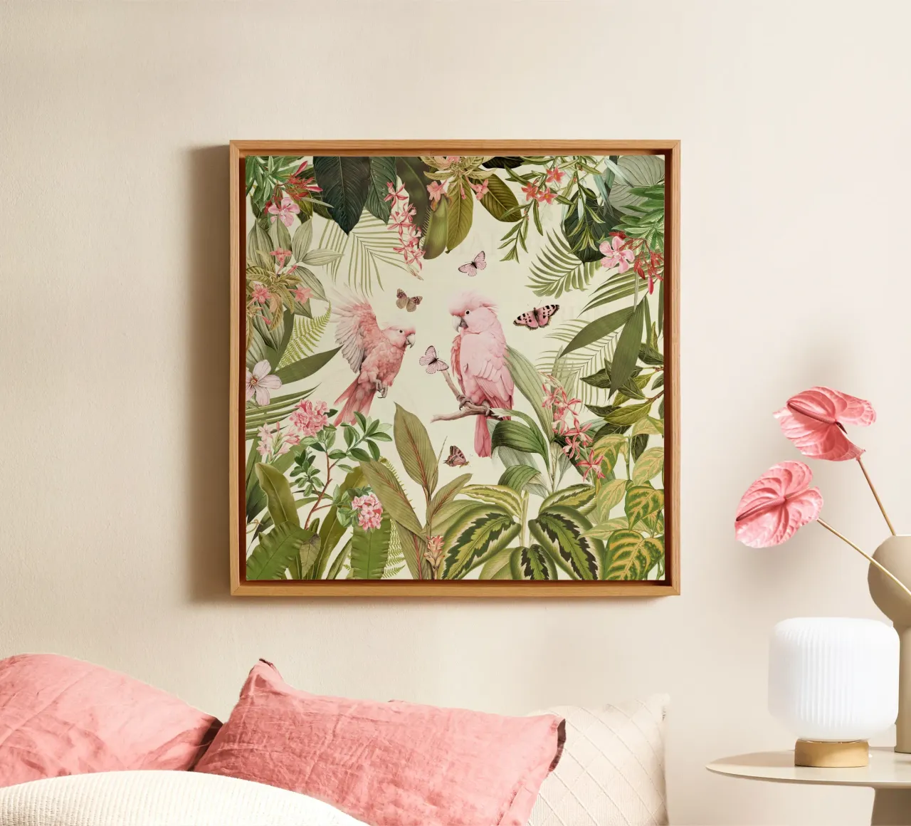 Nostalgici pappagalli rosa danzano in un giardino della giungla tropicale tela con Cornice a cassetta da Vintage World - Uta Naumann