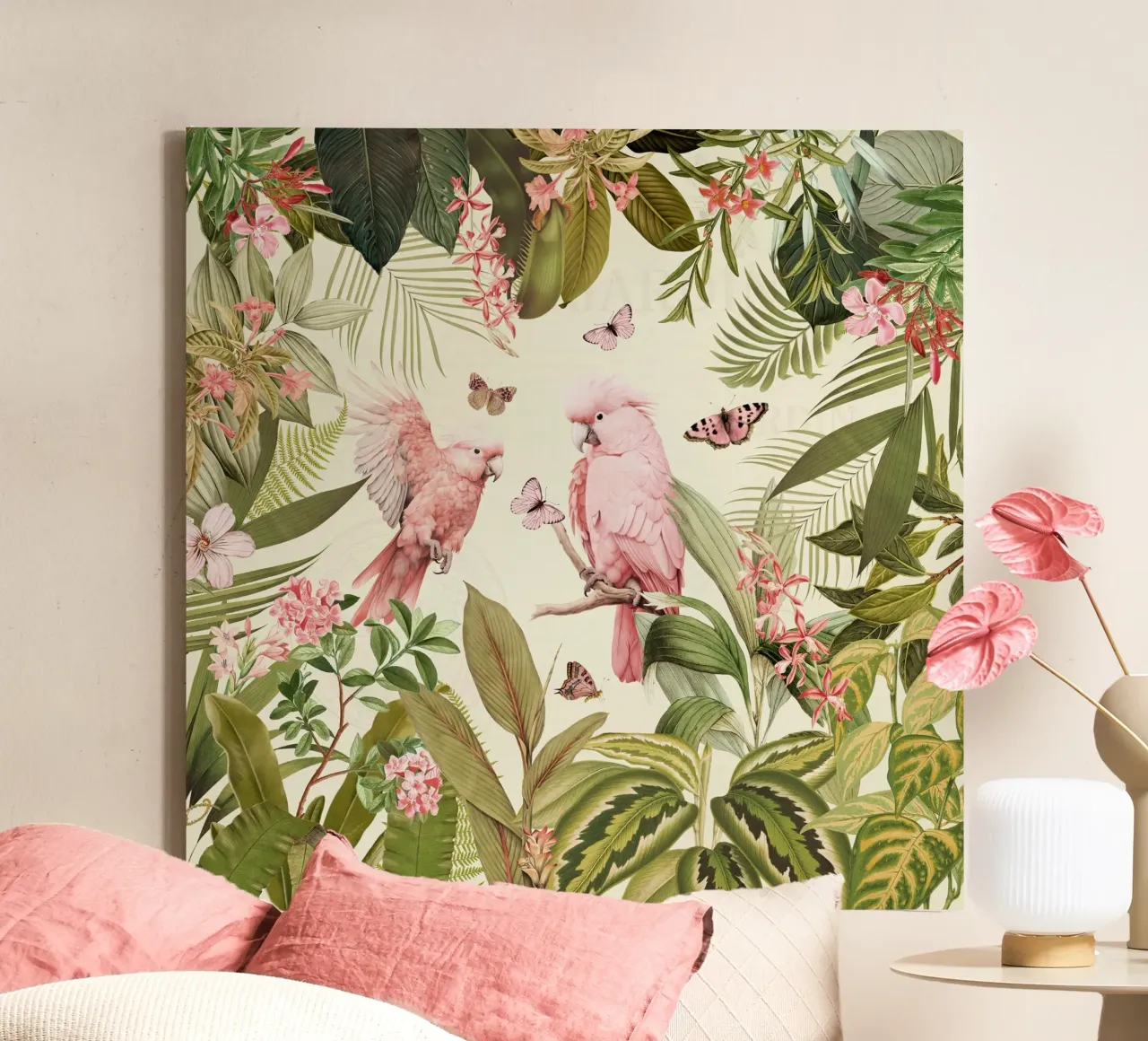 Nostalgici pappagalli rosa danzano in un giardino della giungla tropicale tela con Cornice a cassetta da Vintage World - Uta Naumann