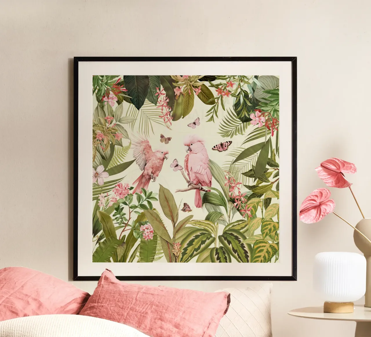 Nostalgici pappagalli rosa danzano in un giardino della giungla tropicale carta hahnemühle da Vintage World - Uta Naumann