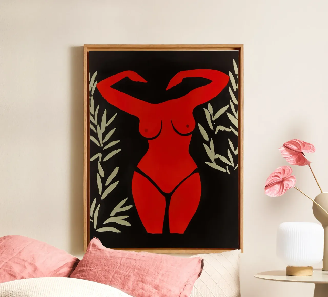 Rode Matisse vrouw op zwart canvas met Baklijst van Autofocus