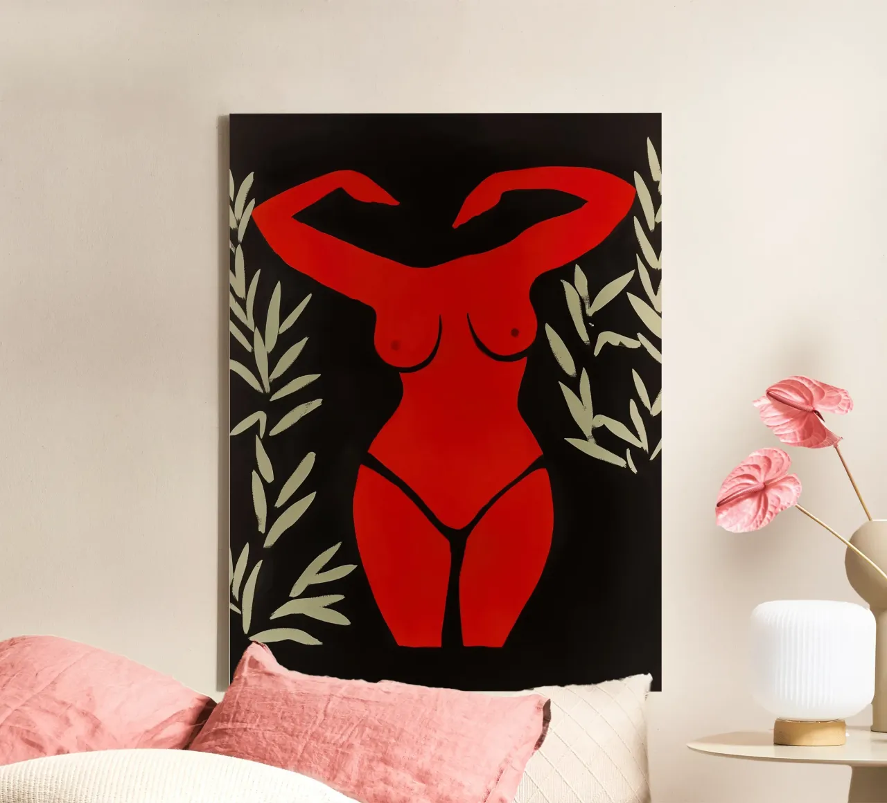 Rode Matisse vrouw op zwart canvas met Baklijst van Autofocus