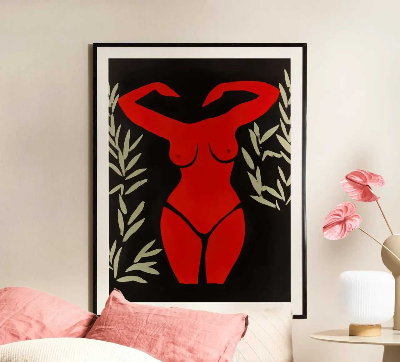 Donna Matisse rossa su nero poster con telaio in plastica da Autofocus