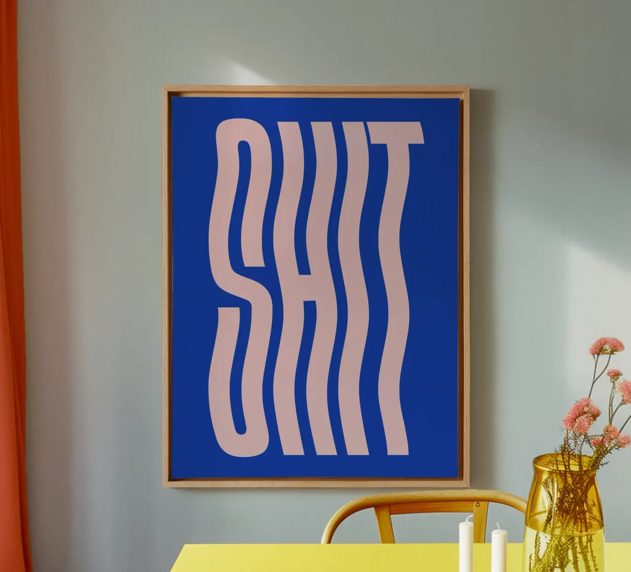 Shit welliger Text (Blauton) Leinwand mit Schattenfugenrahmen von Paigaam Studio
