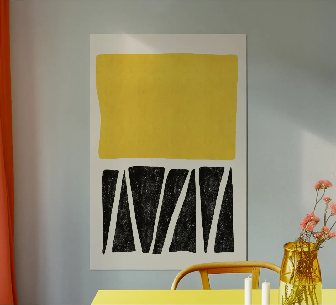 Gatti e puntini - Forme gialle e nere poster con telaio in alluminio da The Artcircle