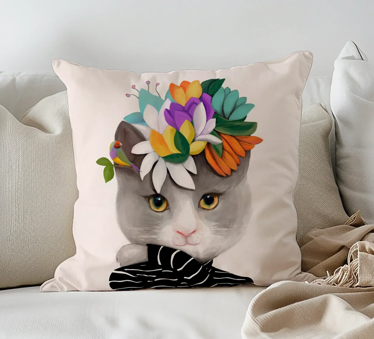 Gatti e puntini - Gatto con fiori cuscino da The Artcircle