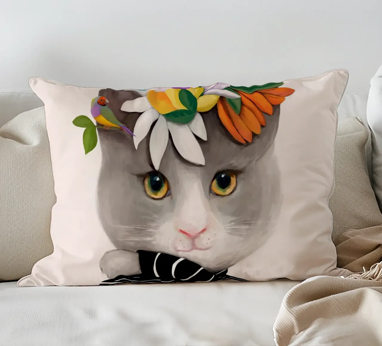 Gatti e puntini - Gatto con fiori cuscino da The Artcircle
