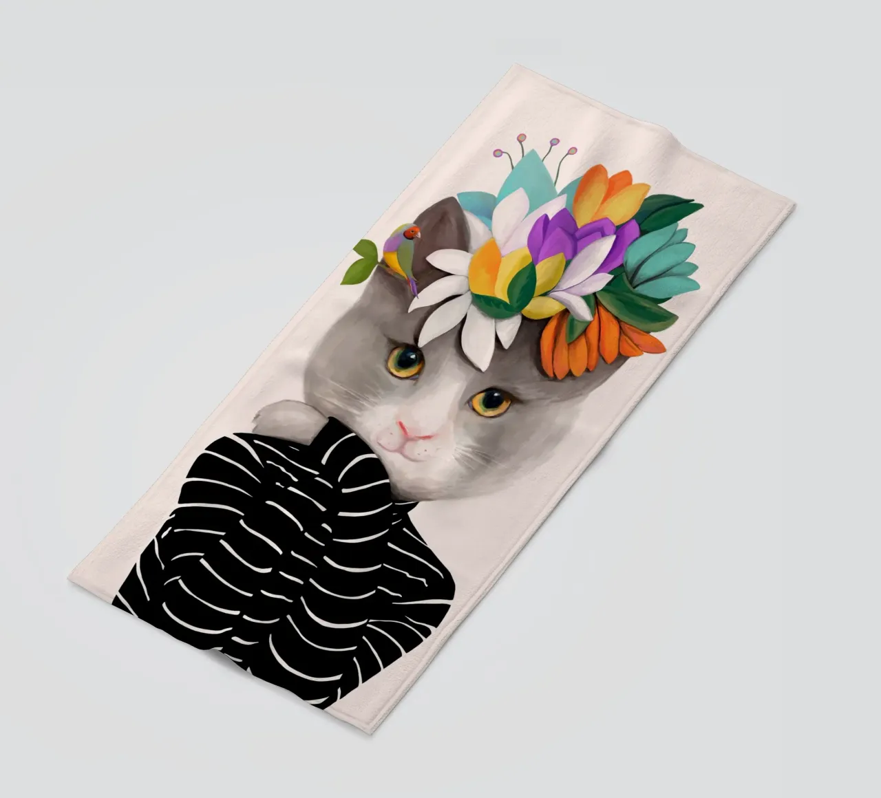 Gatti e puntini - Gatto con fiori telo mare da The Artcircle