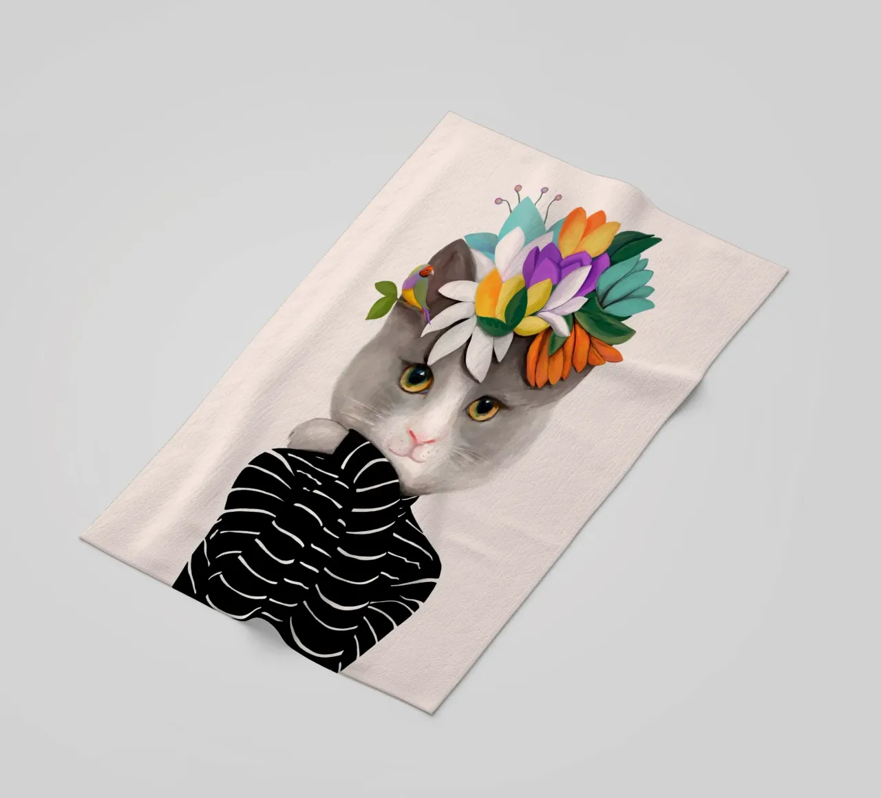 Gatti e puntini - Gatto con fiori telo mare da The Artcircle