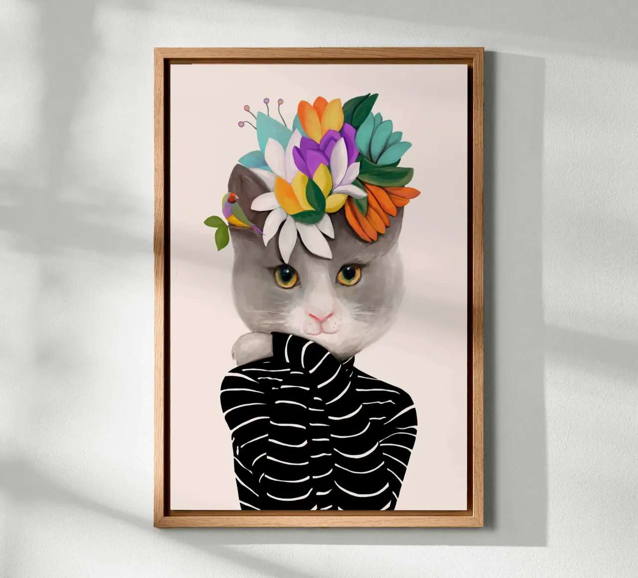 Cats & Dotz - Cat with Flowers canvas with Floater frame by The Artcircle