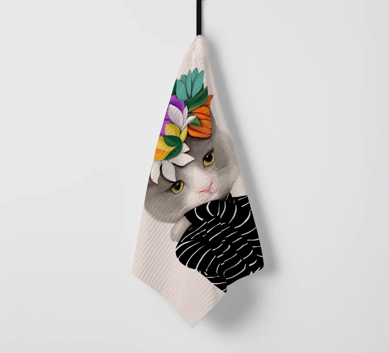 Gatti e puntini - Gatto con fiori canovaccio da cucina da The Artcircle