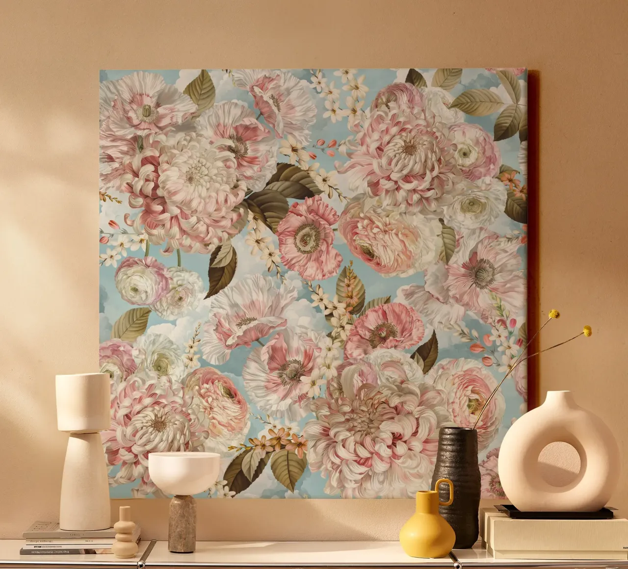Vintage weelderige pioenen lentebloementuin canvas met Baklijst van Flower Garden - Uta Naumann